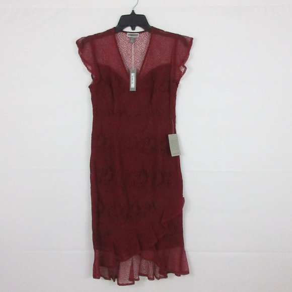 Chelsea 28 Red Grape Lace Dress XS Cap Sleeve V-Neck Ruffles in Burgundy $159 - Picture 1 of 7